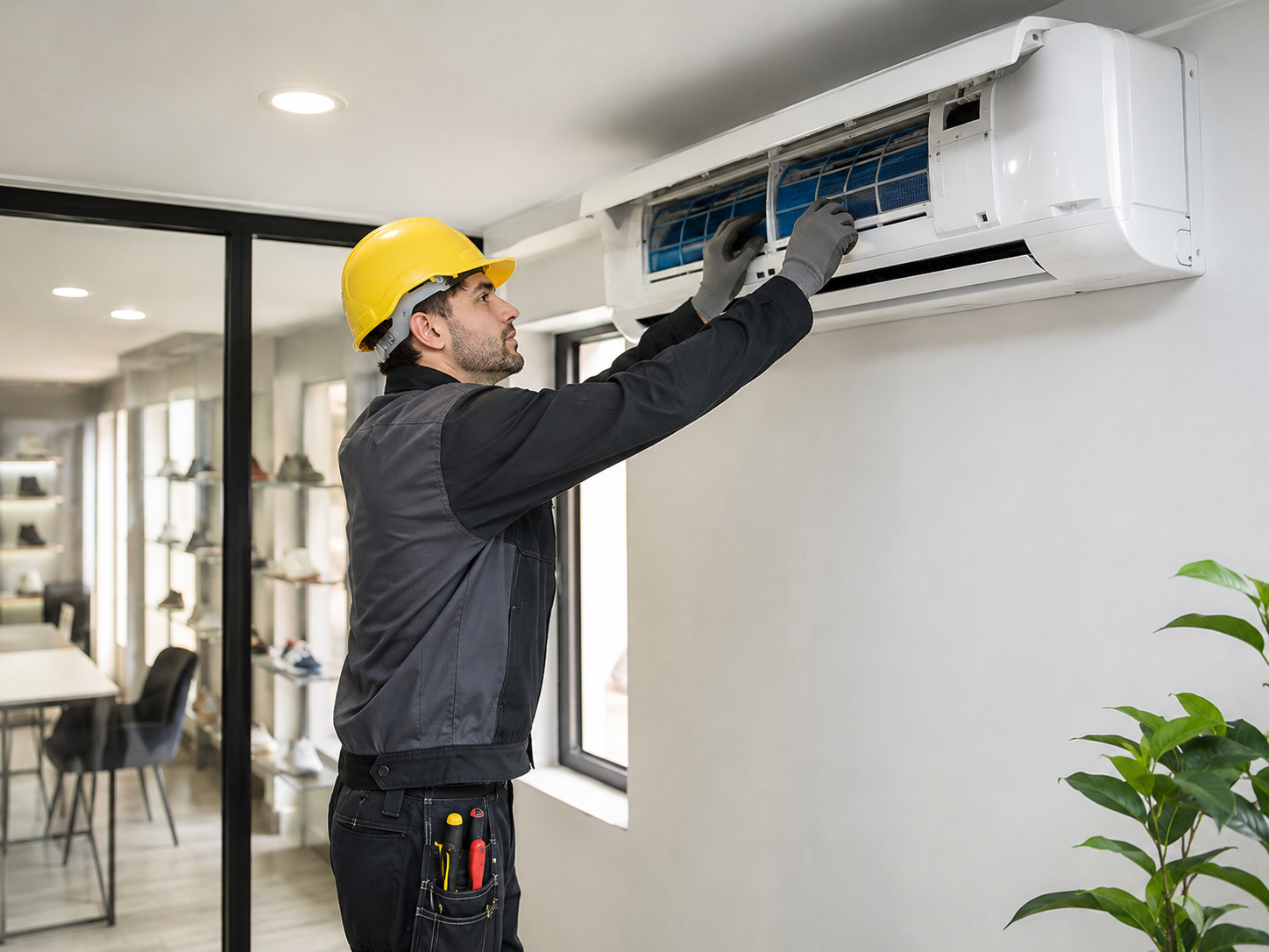 Technician servicing or installing a wall mounted air conditioning unit in a commercial setting